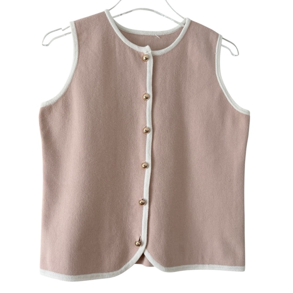 Knit Vest w Gold Round Buttons & Contrasting Trim Beige & White Size Medium